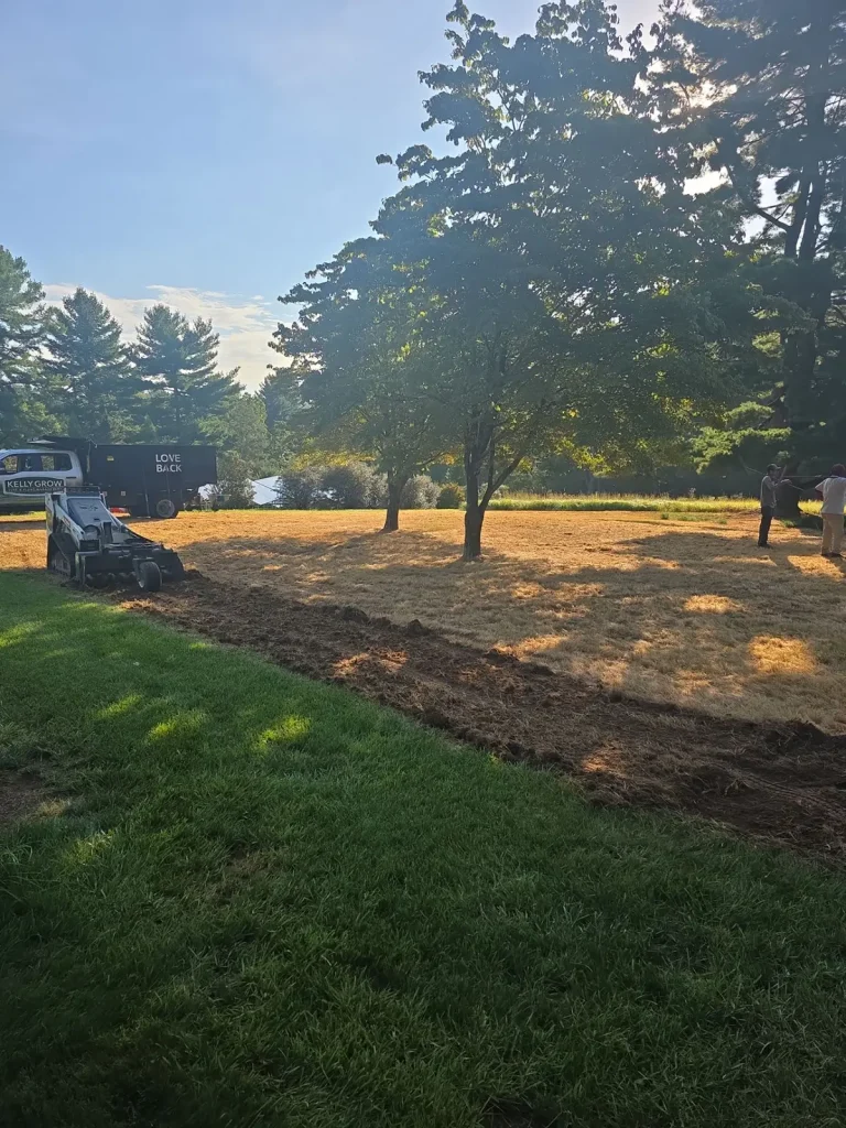 Newly seeded lawn after a Kelly Grow Turf renovation in Bucks County, PA