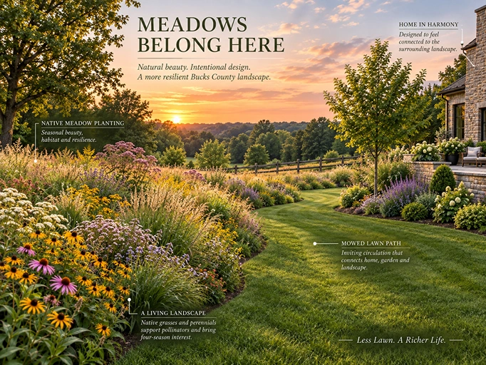Designed meadow landscape with native planting and mowed lawn path in Bucks County PA