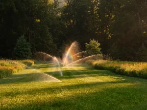 Sprinklers watering a newly overseeded lawn in Bucks County, PA